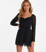 QUIZ Black Glitter Mesh Long Sleeve Ruched Belted Playsuit
